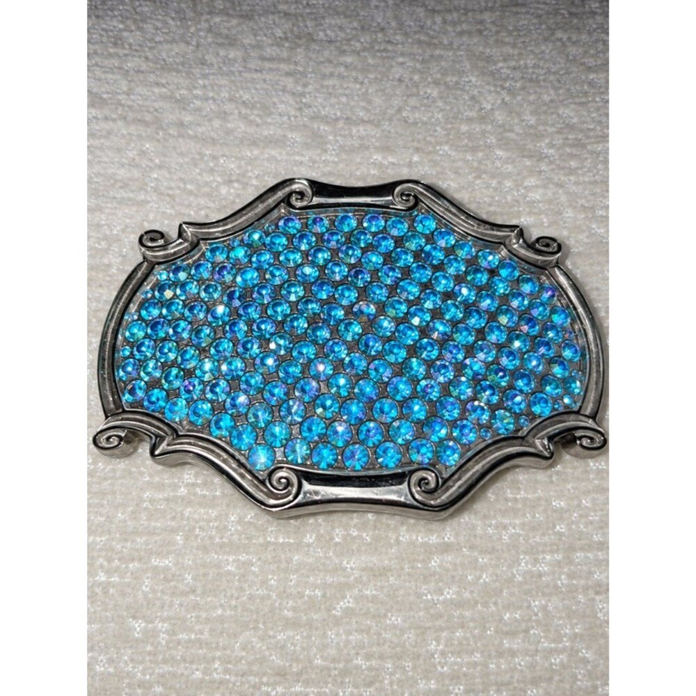 Blue Aurora Borealis Rhinestone Belt Buckle Silver Tone Western Rodeo Cowgirl